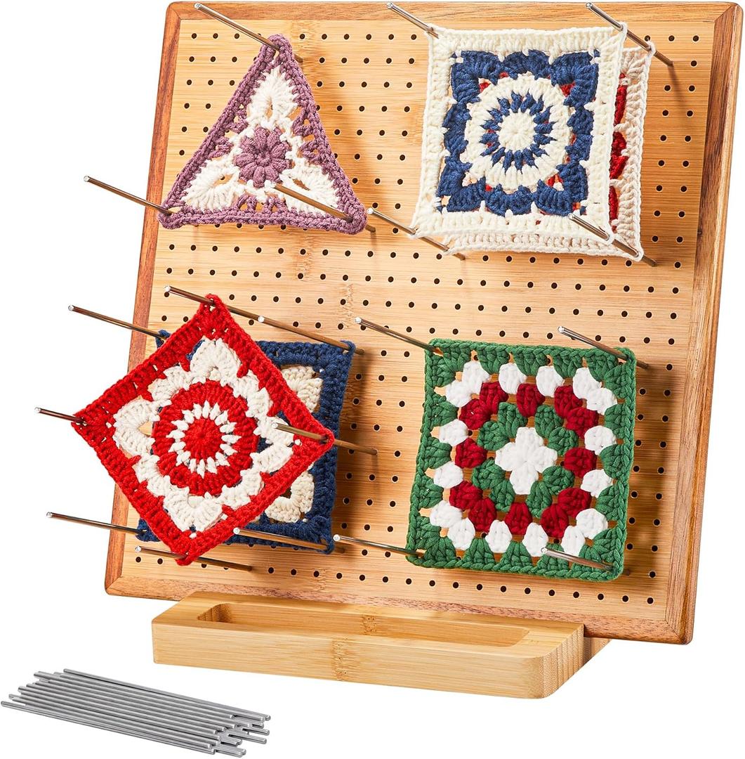 11.8" Crochet Blocking Board with 20 Pegs Pins, Granny Square Blocking Board for Crochet Projects, Bamboo Blocking Boards for Crocheting and Knitting, Wooden Gifts for Crocheter