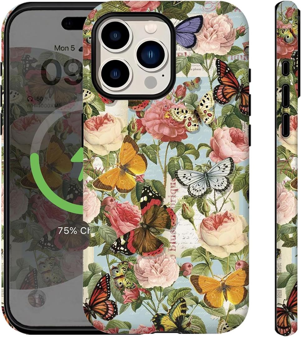 Compatible for iPhone 16 Pro Case Vintage Butterfly Rose Cute Aethetic Design for Women Girls [Compatible with Magsafe] Shockproof Anti-scratch Phone Case for iPhone 16 Pro, Retro Butterflies