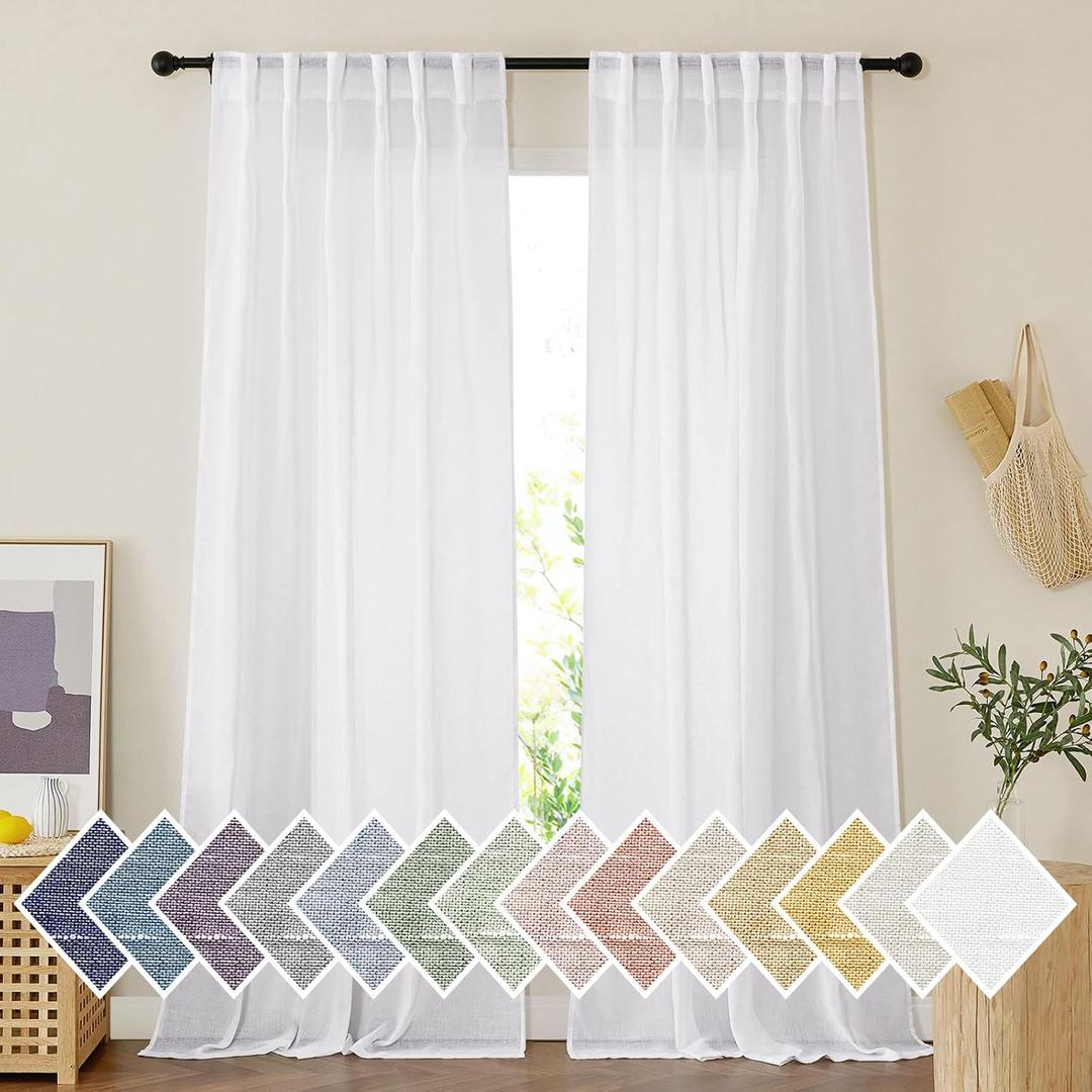 NICETOWN White Linen Curtains 108 inches Long, Rod Pocket & Back Tab Soft Linen Blend Chic Vertical Drapes Semi Sheer Window Treatments for Farmhouse/Living Room, 104" W Total 2 Panels
