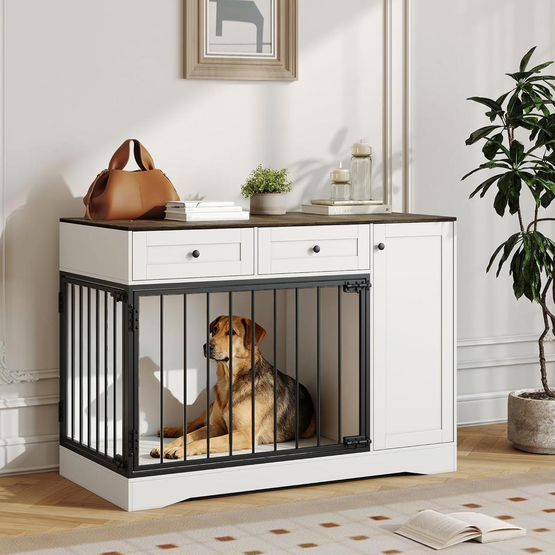 47" Farmhouse White Dog Crate Furniture with Double Doors, 2 Drawers & Storage Cabinet  Modern Indoor Dog Kennel End Table, TV Stand & Buffet Cabinet for Pet Small Medium Dogs