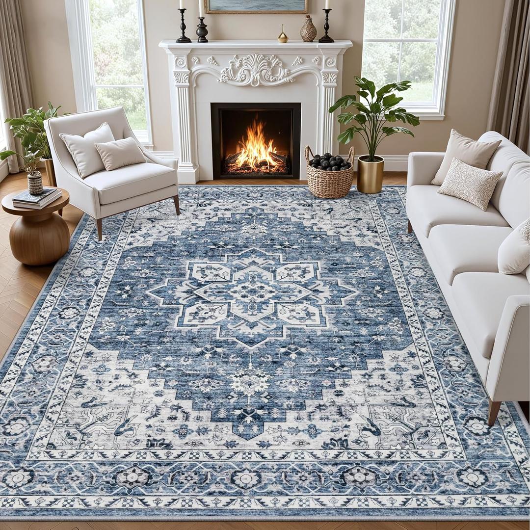 5x7 Area Rugs Living Room Rug: Washable Vintage Boho Medallion Rug No Slip Stain Resistant Soft Carpet Indoor Floor Large Carpets for Bedroom Dining Room Farmhouse Nursery Hallway Home Office Blue