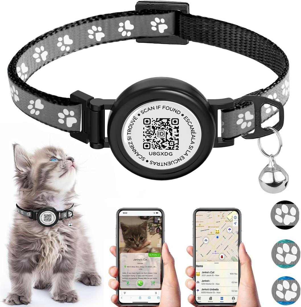 Waterproof Airtag Cat Collar with QR TAG & Reflective, Footprints Pattern, Lightweight Kitten Collar for Apple AirTag, Hidden GPS Tracker Holder for Cats, Kittens (Black)(7-12)
