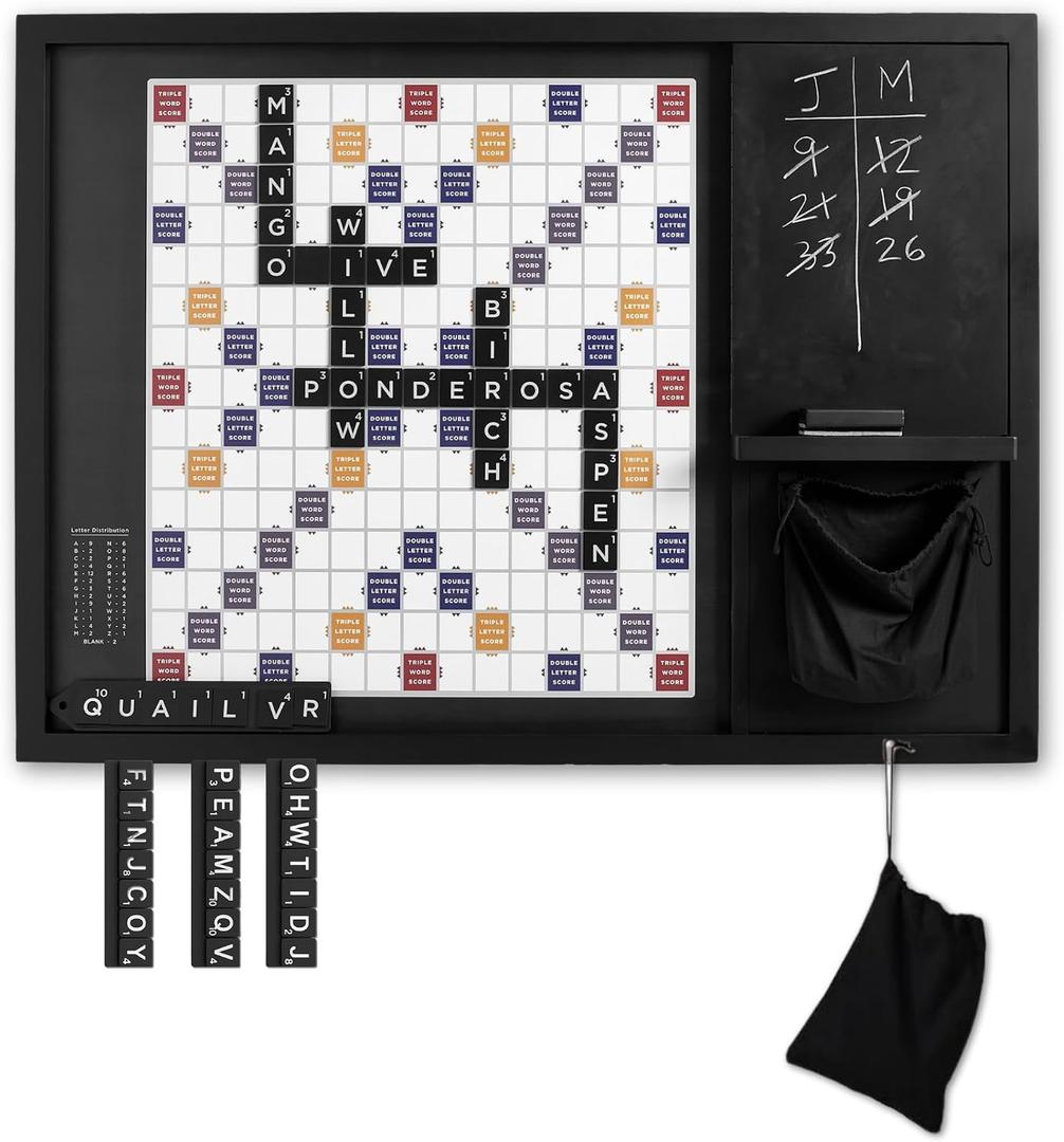 Oversized Wooden Wall Mounted Word Game (32 x 24) | Magnetic Word Tile Board with Chalkboard, Storage & Tiles | Wall Mounted Game & Rustic Home Dcor & Game Room Wall Decor