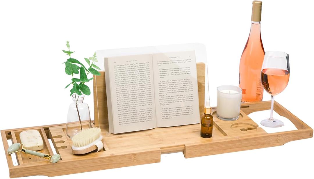 Waterproof Shield Keeps Your Book Open  Extendable Bamboo Bathtub Tray with Wine Glass Holder Protects from Drips and Splashes - Luxury Bath Tub Caddy Tray for Relaxing in The Bathtub