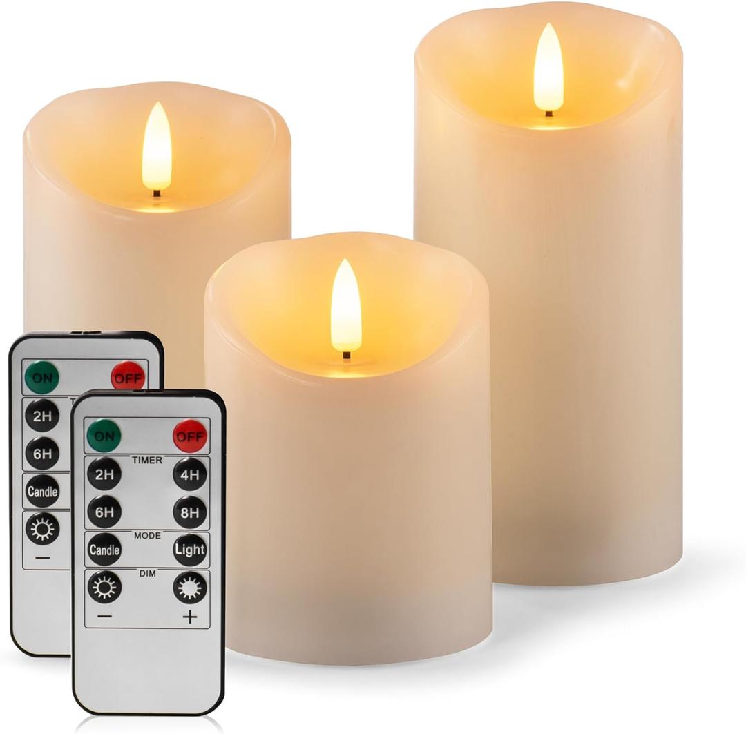 Flameless Candles Battery Operated Pillar Real Wax Electric LED Flashing Candle Sets with Remote Control Cycling 24 Hours Timer, 4" 5" 6" Pack of 3 (Ivory)