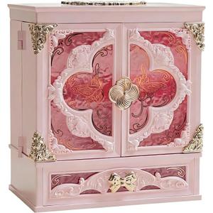 Lighted Vanity Makeup Organizer with Mirror, Large Vintage Cosmetic Storage Box with Drawers, Waterproof Dustproof Skincare & Beauty Organizer for Bathroom Counter, Gift for Women (Pink)