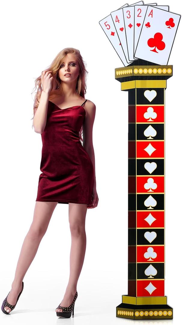 6 Ft Casino Prom Decorations Las Vegas Theme Photo Props Casino Column Cardboard Cutout Stand-Up Poker Night Party Stand Up Photo Prop Pillar with Playing Cards