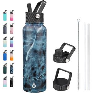 BJPKPK Insulated Water Bottles with Straw Lid, 40oz Stainless Steel Metal Water Bottle with 3 Lids, Reusable Thermos, Keep Cold Hot for Sports, Gym - Ocean