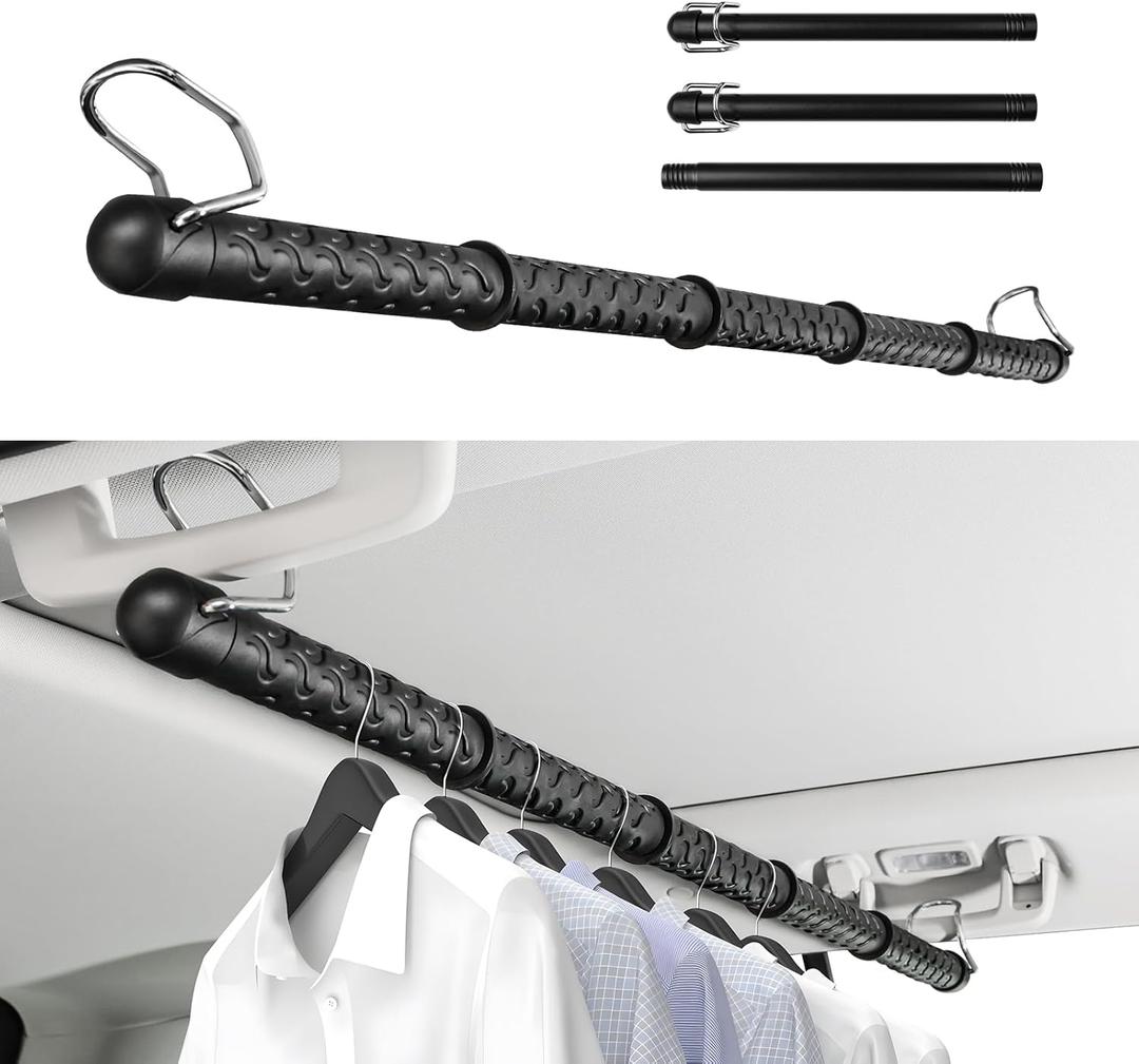 Adjustable Car Clothes Hanger Bar 28" - 61" — 2 Types Installation, Clothes Bar for Car with Anti-Slip Rubber Rings and Grips, Truck Clothes Hanger Bar for Most Vehicles