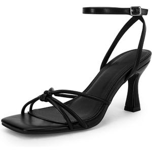 LAICIGO Women's Square Open Toe Heeled Sandals Stiletto Kitten Heel Ankle Buckle Strap Slingback Summer Dress Sandals (Black,8)