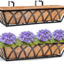 HFHOME 24 inch Window Deck Rail Planter Including Coco Liner, 24" Dia Window Box Horse Trough with Coconut Coir Liners, Black Metal Hanging Flower Planter Basket for Indoor Outdoor Lawn - Set of 2