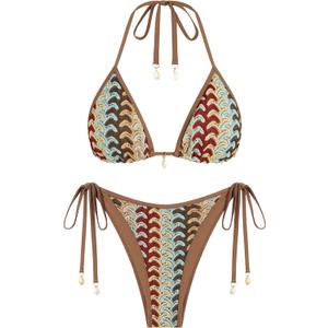 ZAFUL Women's Colorblock Stripes Triangle Halter Tied Cheeky Thong Bikini Set High Cut Two Piece Bathing Suit (Brown, XXL)