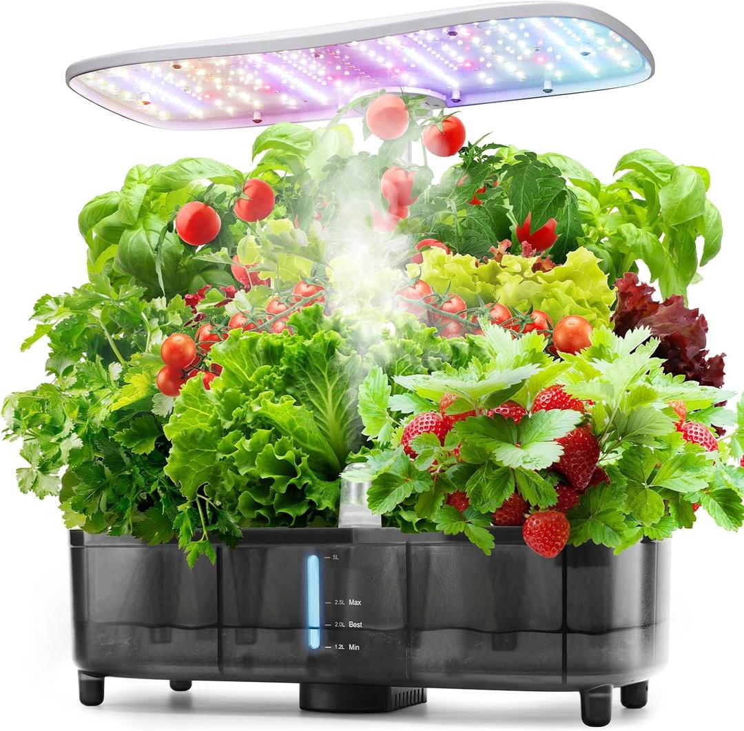 Kingsyard Smart Hydroponics LED, 48W Indoor Garden Grow System, Visible 5L Tank Quiet Pump Auto Timer Kit 15 Pods Herb Seed Starter for Veggies & Salad Greens Plants (Translucent Gray)