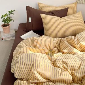Striped Duvet Cover Set Full Size Yellow Brown Striped Bedding Set | Retro Vertical Stripes Dorm Comforter Duvet Soft Lightweight Microfiber Duvet Cover with 2 Pillowcases,Zip Closure,No Insert