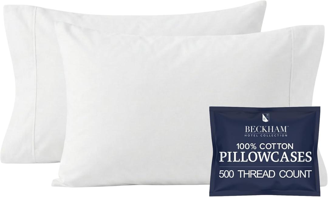 Beckham Hotel Collection 100% Cotton Pillow Cases Standard/Queen Size Set of 2, 500TC, Luxury Sateen Pillowcases, Open End, Breathable, Moisture-Wicking, White