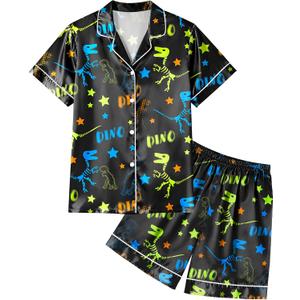 Boys Pajamas Toddler Little Boys Silky Satin Pajamas Button Down Short Sleeve & Shorts Pjs Set Kids Sleepwear 3-10 Years (5-6 Years, Black Dinosaur)