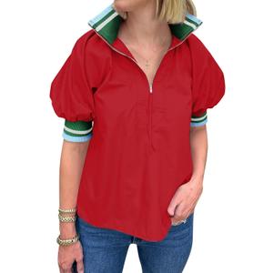 Womens Summer Blouse Tops Puff Sleeve Shirts Half Zip V Neck Dressy Casual Color Block T-Shirts (Red, S)