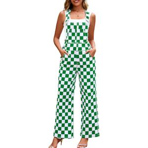 Overalls for Women Loose Fit Jumpsuits Fashion Checkered Straight Leg Pants Stretch Bib Coveralls (Green, M)