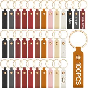 100 Pcs PU Leather Key Fob Kit, Blanks Rectangle Keychain with Rivets Ring Laser Engraving Key Chains for Making DIY Craft Stamping Craft (Multicolor)