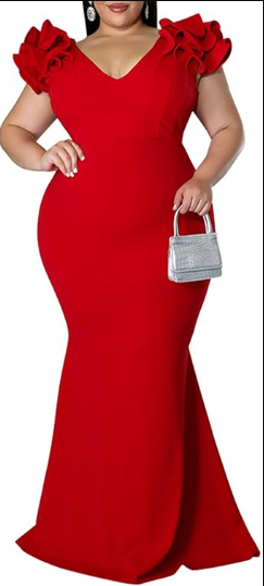Women's Plus Size Maxi Dress Elegant V-Neck Ruffle Sleeves Bodycon Mermaid Evening Gown Formal Outfit Size 2XL