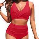 High Waisted Two Piece Swimsuit-Womens Bikini Set Tummy Control Bathing Suit Modest Full Coverage Bikini 2025 Red L