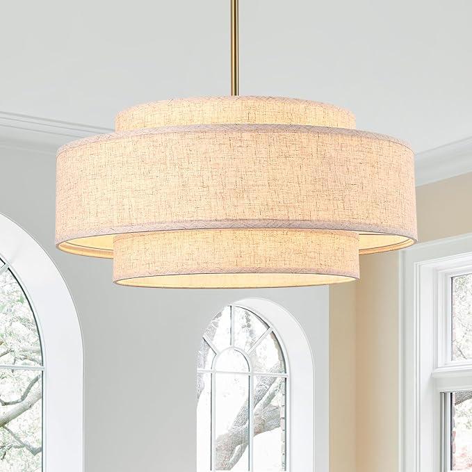 Fenluster Gold Modern Chandelier 20'' Linen Drum Chandeliers with 3 Layer Fabric Lampshade Pendant Light Fixture 4-Light Farmhouse Chandeliers for Dining Room Bedroom Kitchen Hallway Foyer