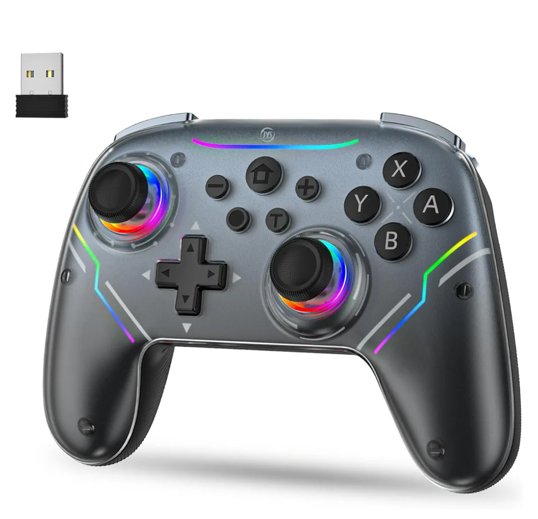 JDDWIN Wireless Controller for Switch 2/Switch/PC/Steam Deck, Hall Effect Joysticks & Triggers/Wakeup Function, Gamepad with RGB Light /Turbo/Programmable/ Dual Vibration Bluetooth USB Adapter for PC (Black)