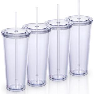 24oz Double Wall Plastic Tumblers with Lids and Straws | Large Classic Travel Tumbler | 4 Pack Set of 4 | Clear Reusable Cups with Straws | BPA Free