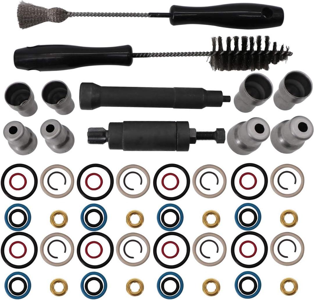 KIPA Injector Sleeve Cup Removal Tool & install kit for Ford Powerstroke 6.0L 2003-2010 with 8Pcs Injector Sleeves 8Pcs Injector Orings Stainless Maintenance brush Durable # 3302