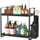 Harnidipa Bathroom Counter Organizer, Wood Vanity Trays with Basket, Skincare Countertop Organizers, Large Capacity Makeup and Perfume Organizer (Black)