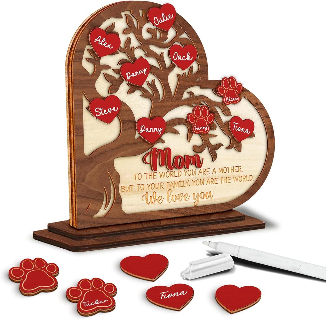 Mothers Day Gift for Mom Grandma Love Grows Here Family Tree Plaque Wall Decor Wooden DIY Names, Birthday Mom Gift from Daughter Son Grandkids, Frame Family Sign with Pet Dog Cat Name HF350 (10L" x 10W")