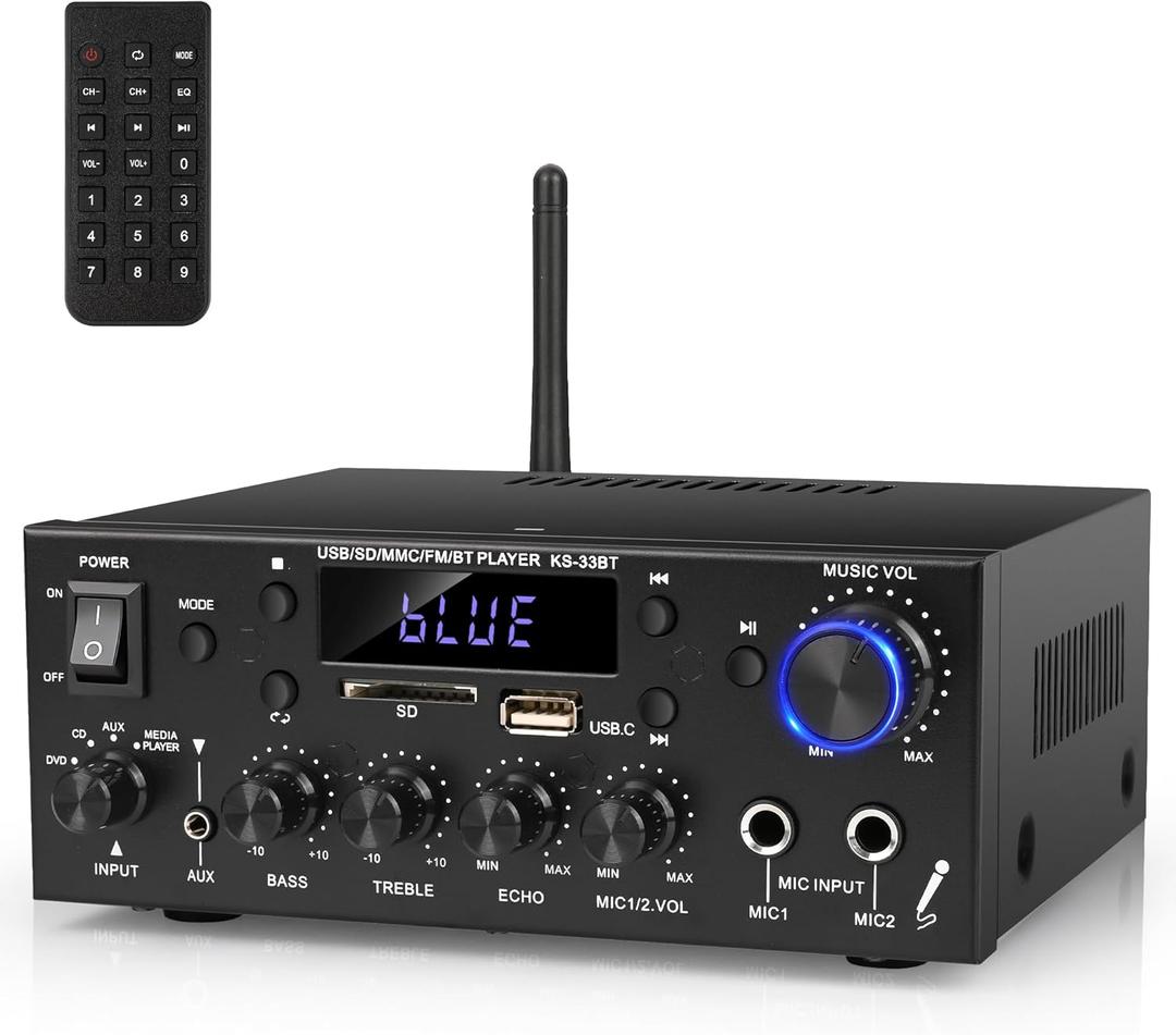 Stereo Audio Amplifier, 2 Channel 500W Bluetooth 5.0 Home Theater Power Amplifier with FM, Echo, AUX, USB, SD, MIC Inputs, HiFi AMP for Passive Speakers and Active subwoofer