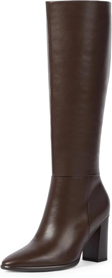 Knee High Boots Women Pointed Toe Chunky Heel Fall Tall Boots Side Zipper Long Boots for Women (7, Chocolate Pu)