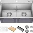 KRAUS Kore 30-Inch Drop In/Top Mount Workstation 16 Gauge 50/50 Double Bowl Stainless Steel Kitchen Sink with Accessories, KWT302-30