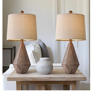 PoKat 20.25" Retro Farmhouse Table Lamp Set of 2 - Living Room & Bedroom Rustic Linen Bedside Nightstand Lamps for Kids, Study, Office - Resin, Suitable for Small Places