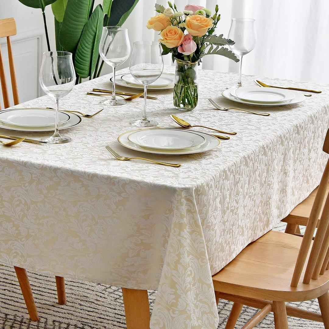 maxmill Jacquard Tablecloth Damask Design Water Resistance Antiwrinkle Heavy Weight Soft Table Cloth for Buffet Banquet Parties Event Holiday Dinner Rectangle 60 x 84 Inch Beige with White