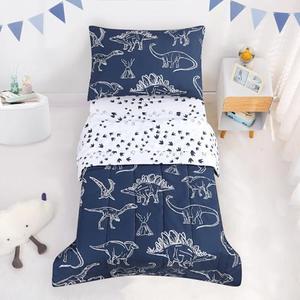 Jundetye 3 Pieces Dinosaur Toddler Bedding Set for Boys, Soft Breathable Toddler Comforter Set, Dino Print Navy, Includes Reversible Comforter, White Fitted Sheet and Flat Sheet, Pillowcase