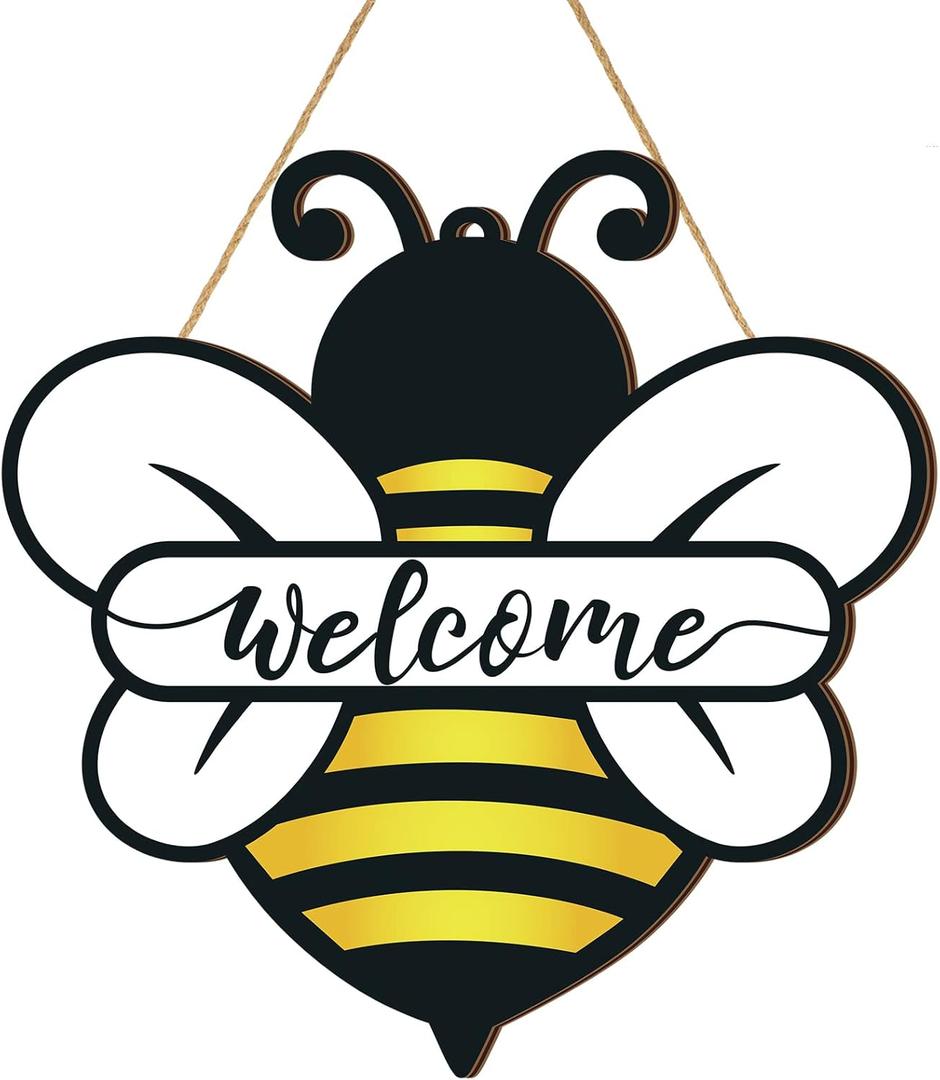 Shellwei Bee Door Sign 12 Inch Wooden Welcome Hanging Decor Bee Theme Decoration Wooden Hanger for Home Bathroom Indoor Outdoor Home Porch Holiday Hanging Decor