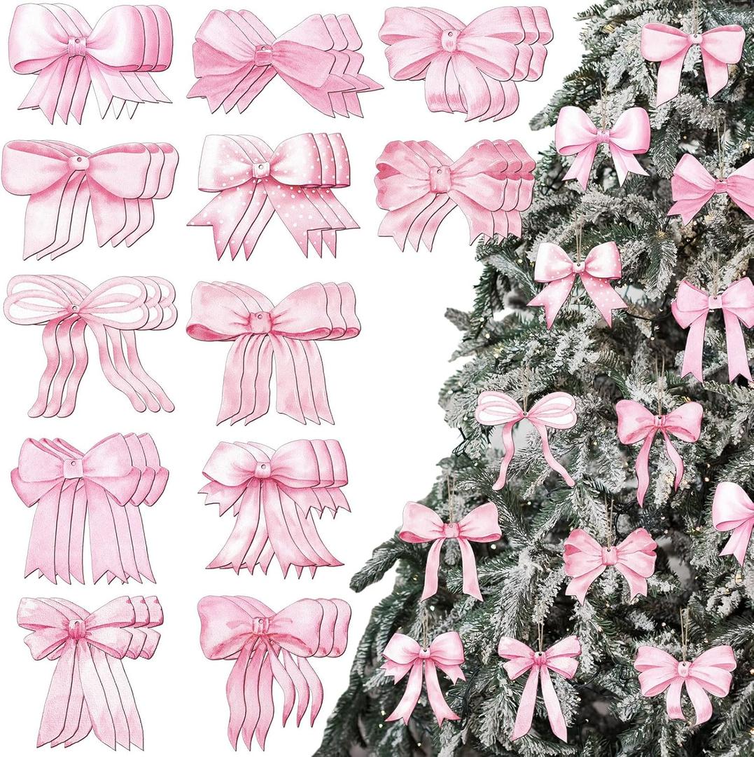 Bucherry 36 Pcs Pink Wooden Bow Ornaments for Christmas Tree Double Sided Coquette Bow Decoration 3.54 Inch 3D Christmas Pink Hanging Pendants for Home Xmas Holiday Winter Party Decor