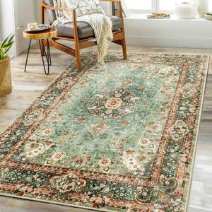 Green Rug 3x5,Washable Area Rugs for Bedroom Living Room Kitchen Entryway, Small Boho Vintage Bohemian Distressed Oriental Non Slip Carpet