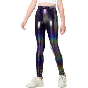 Gnainach Girls Metallic Leggings Stretch Comfort Shiny Mystique Dance Pants for Toddler Kids Teen Yoga Party Workout (Purple)