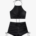 Spevert Two Piece Bathing Suit with Shorts for Women Tummy Control Swimsuit Halter Drawstring Leopard Print Bikini Set L
