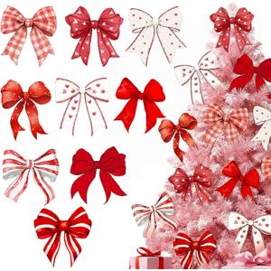 Yookeer 12 Pcs Coquette Valentines Decorations Coquette Bow Tree Ornaments Extra Large Pink White Red Bow Galentines Tree Topper Picks Ornaments for Valentines Home Office Table Vase Decor