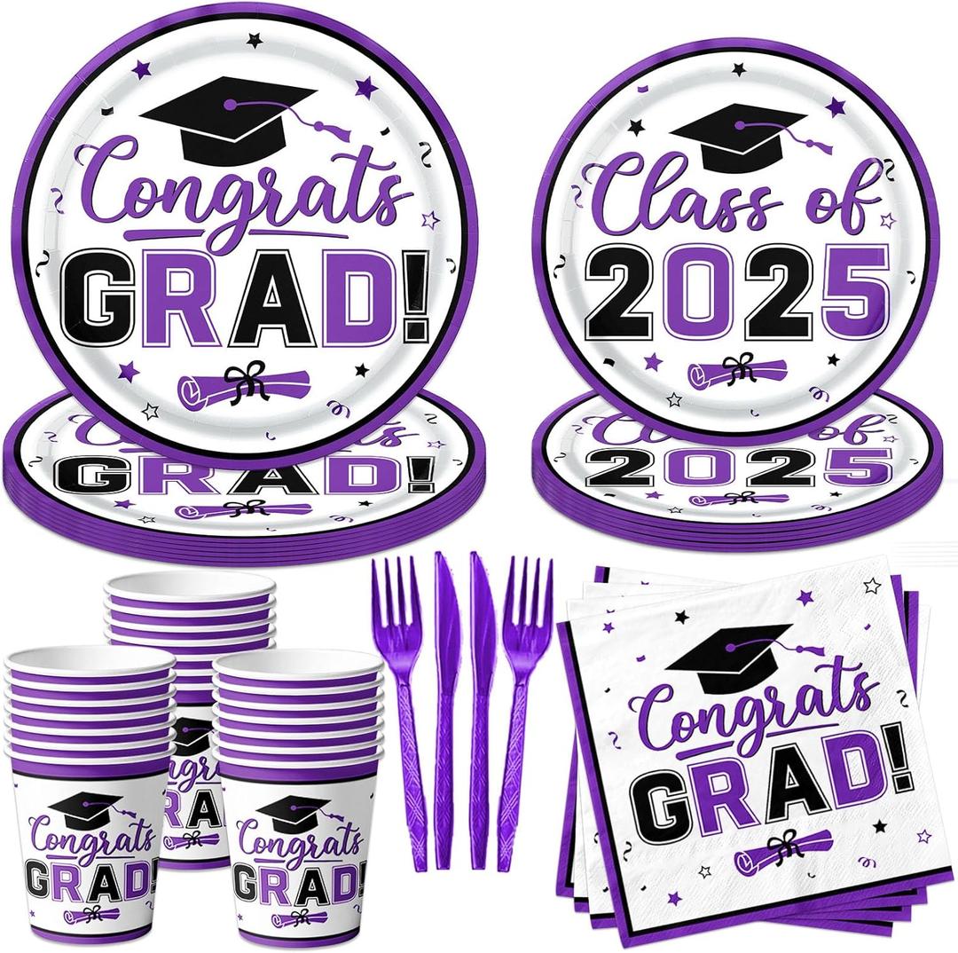 Purple Graduation Decorations Dinnerware Set, Class of 2025 Graduation Plates and Napkins, Graduation Plates and Cups and Napkins Set for Congrats Grad Party Decorations, Serve 25