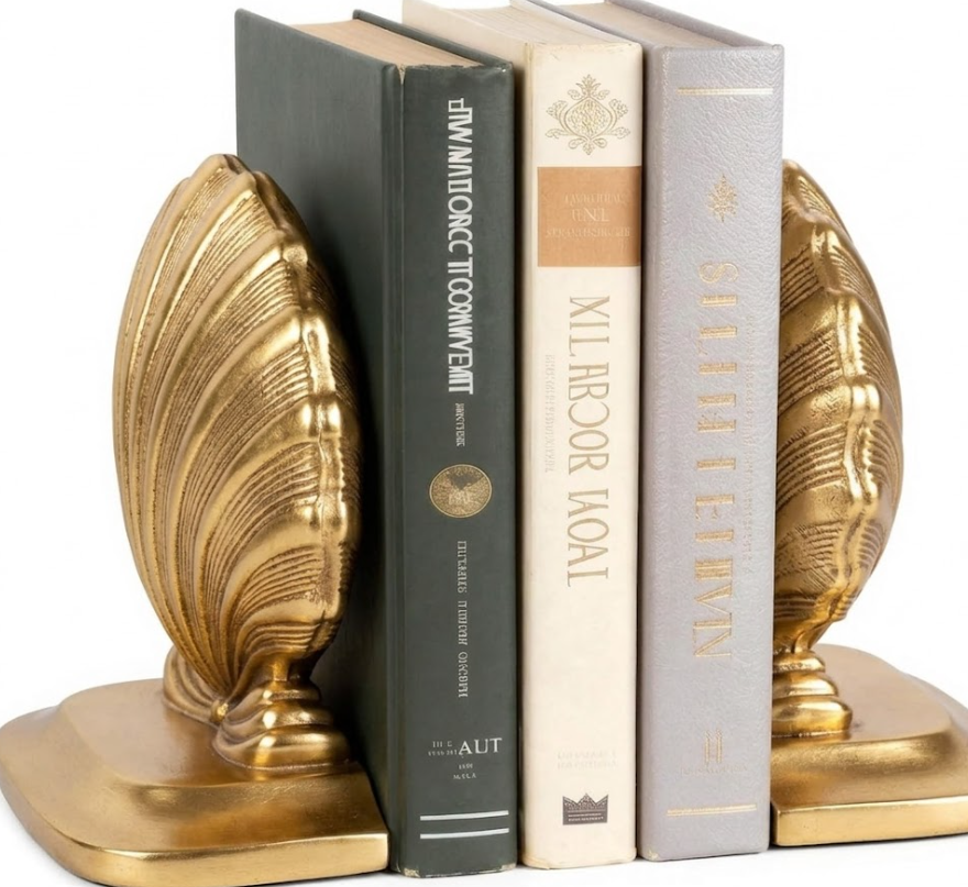 Decorative Shell Bookends, Coastal Nautical Book Ends for Shelves Desk, Resin Seashell Book Ends for Home Office Living Room Beach Decor (Gold)
