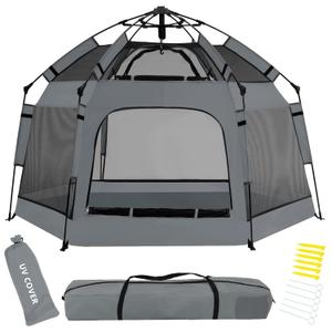 Pop Up Playpen for Babies with Canopy & Safety Lock - Outdoor Baby Playpen with 6 Ground Stakes & 6 Sand Stakes, UV Protection & Carry Bag, Instant Beach Tent for Indoor/Outdoor UseGrey