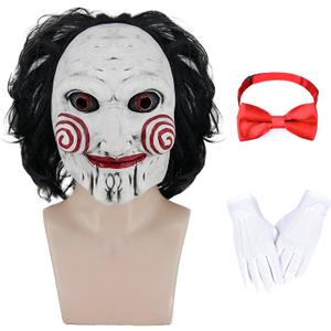 Scary Adult Halloween Costumes Mask Men Billy Mask Scary Movie Cosplay Full Head Latex Mask with Bow Tie Gloves QM055