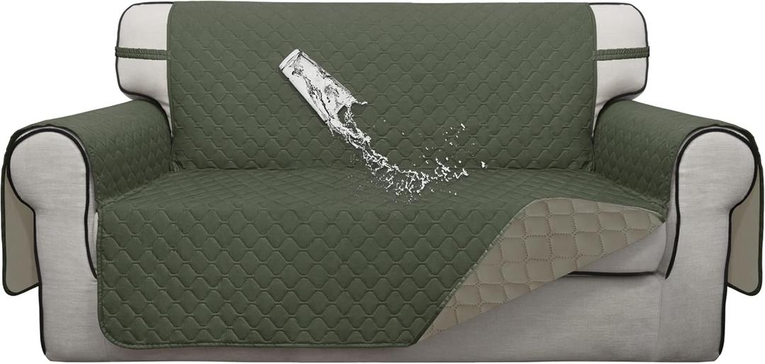 ISSUNTEX Double Protection 100% Waterproof Loveseat Sofa Covers for Living Room, Couch Covers for 2 Cushion Couch, Reversible Furniture Protector Sofa Cover for Dogs (Loveseat, Greyish Green/Beige)