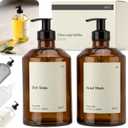 KIVY Glass Soap Dispenser Set [INCL. Waterproof Labels] - Brown Glass Soap Dispenser with Pump - Hand Soap and Dish Soap Set - for Kitchen, Shower & Bathroom (2X 16oz)