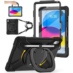 BATYUE Case for iPad (A16) 11th/10th Gen 11''/10.9'' 2025/2022 | Matte Frosted Shockproof Protective Cover with 360° Rotating & 180° Folding Stand, Shoulder Strap & Pencil Holder | Black